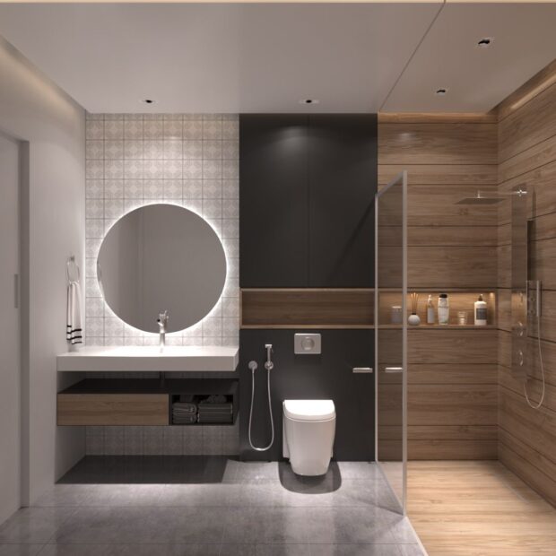 ترکیب رنگها و متریالهای مناسب برای روشویی کابینتی کوچک ایجاد حس روشنایی و بزرگتر دیده شدن فضا