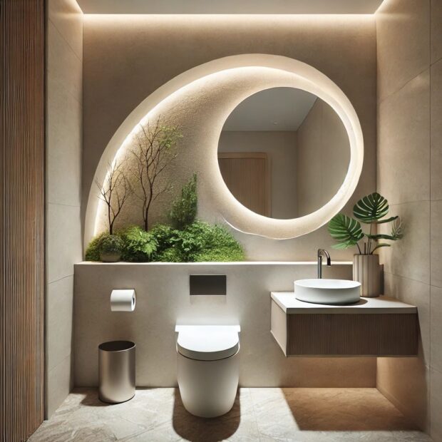 ترکیب رنگها و متریالهای مناسب برای روشویی کابینتی کوچک چوب روشن (طرح بلوط) و صفحه سنگ مرمر سفید