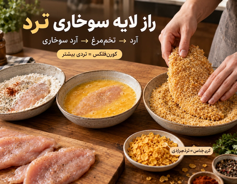 طرز تهیه شنیسل مرغ خانگی: ترد و طلایی به سبک رستورانی آغشته کردن مرغ به لایه های سوخاری